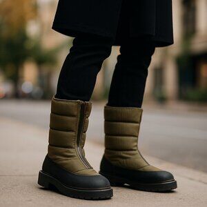 NEW Enjoiya Green Puffer Zipper Front Winter Rain Boot Lug Sole
